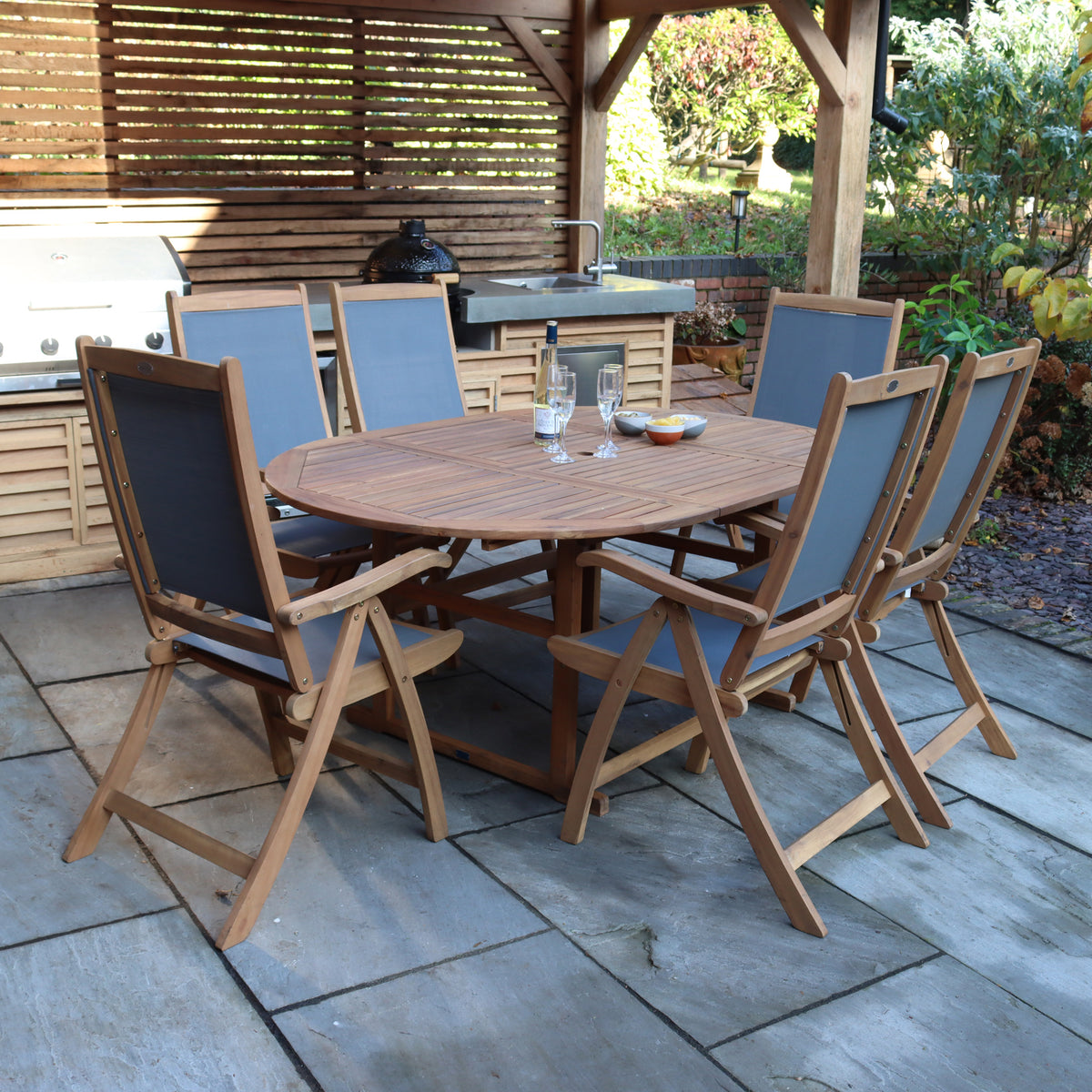 Turnbury Extending Table Set with 6 Henley Reclining Folding Chairs from Roseland Furniture