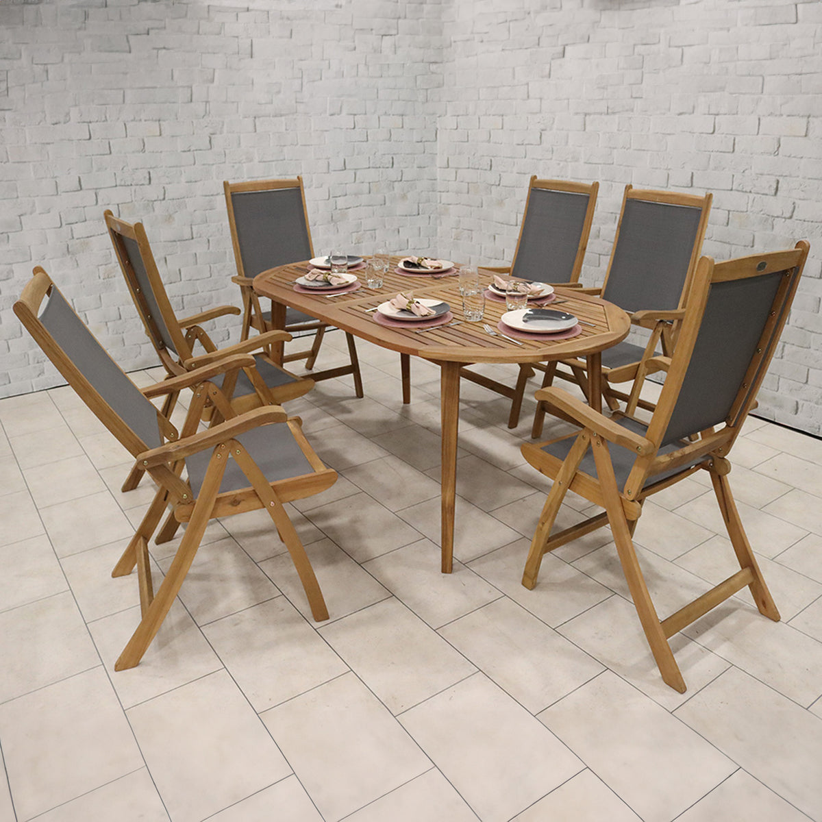 Ellipse FSC Table Set with 6 Recliner Folding Chairs from Roseland Furniture
