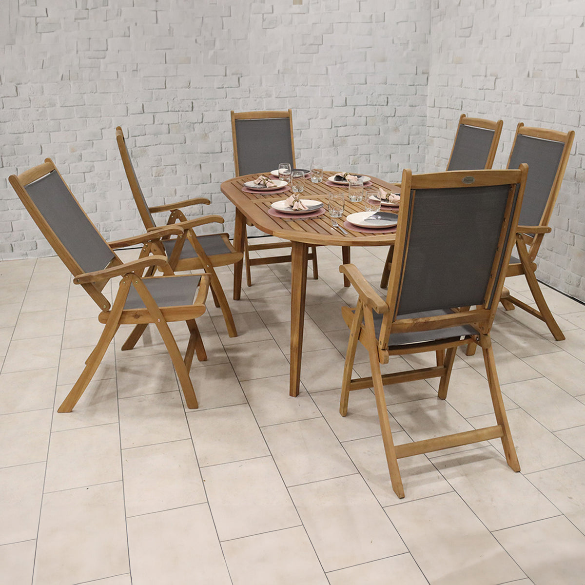 Ellipse FSC Table Set with 6 Recliner Folding Chairs from Roseland Furniture