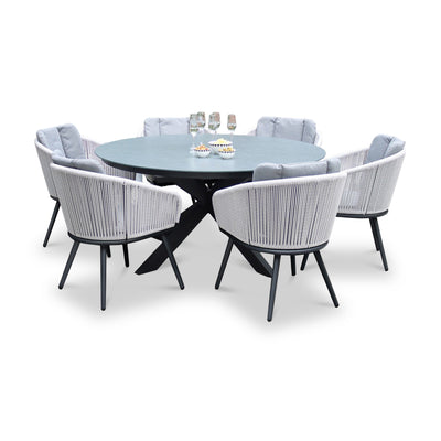 Aspen 6 Seater Round Ceramic Glass Dining Set with Aspen Rope Chairs