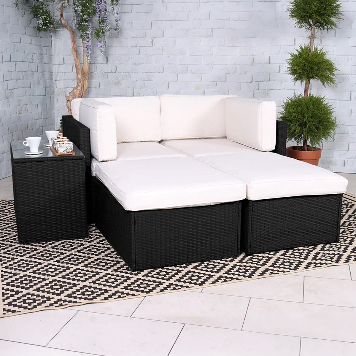 Rattan Multipositonal Lounge Set with Console Black from Roseland Furniture
