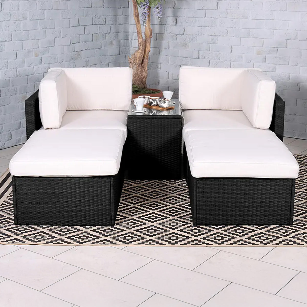 Rattan Multipositonal Lounge Set with Console Black from Roseland Furniture