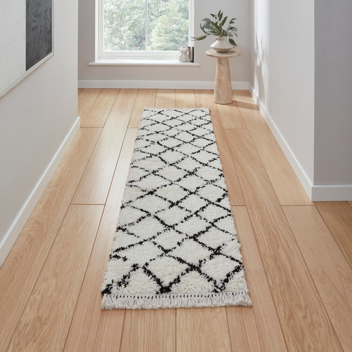 Black Willow Shaggy Tasselled Diamond Runner Rug from Roseland Furniture
