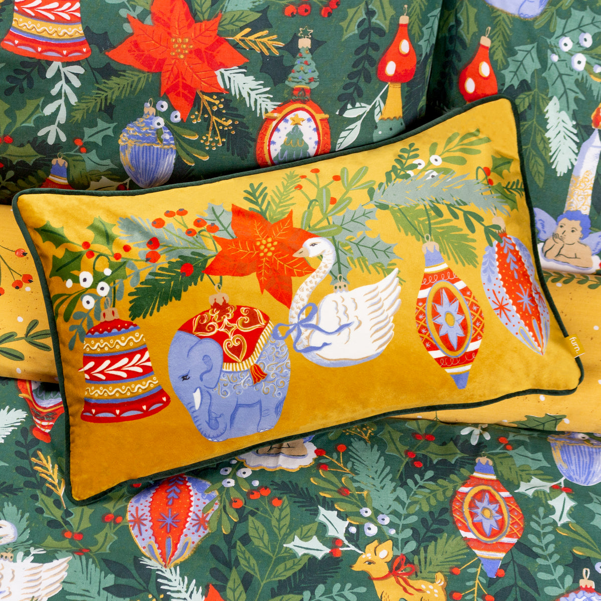 Deck the Halls Baubles 50cm Pine Green Bolster Cushion by Roseland Furniture