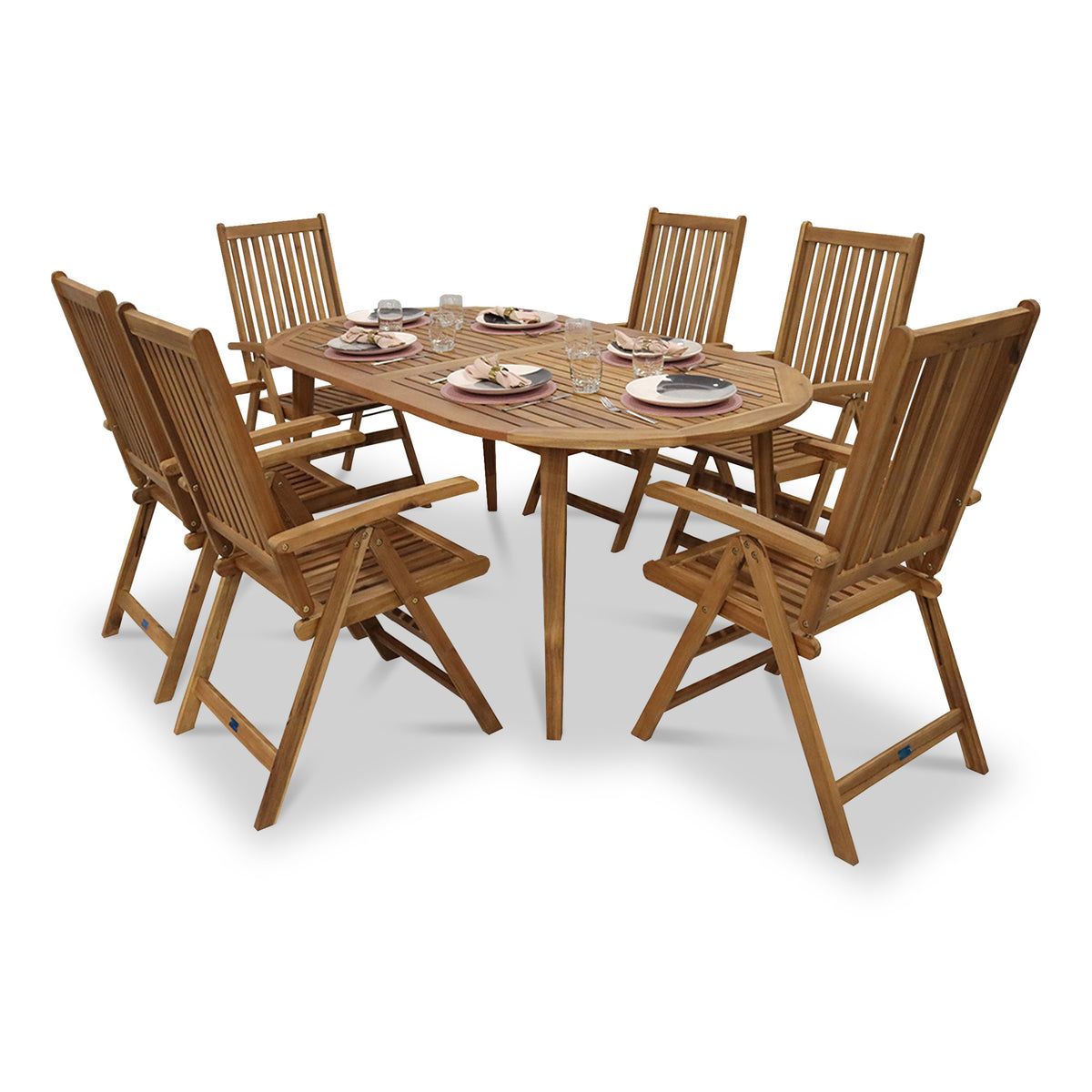 Ellipse FSC Table Set with 6 Manhattan Recliner Chairs from Roseland Furniture