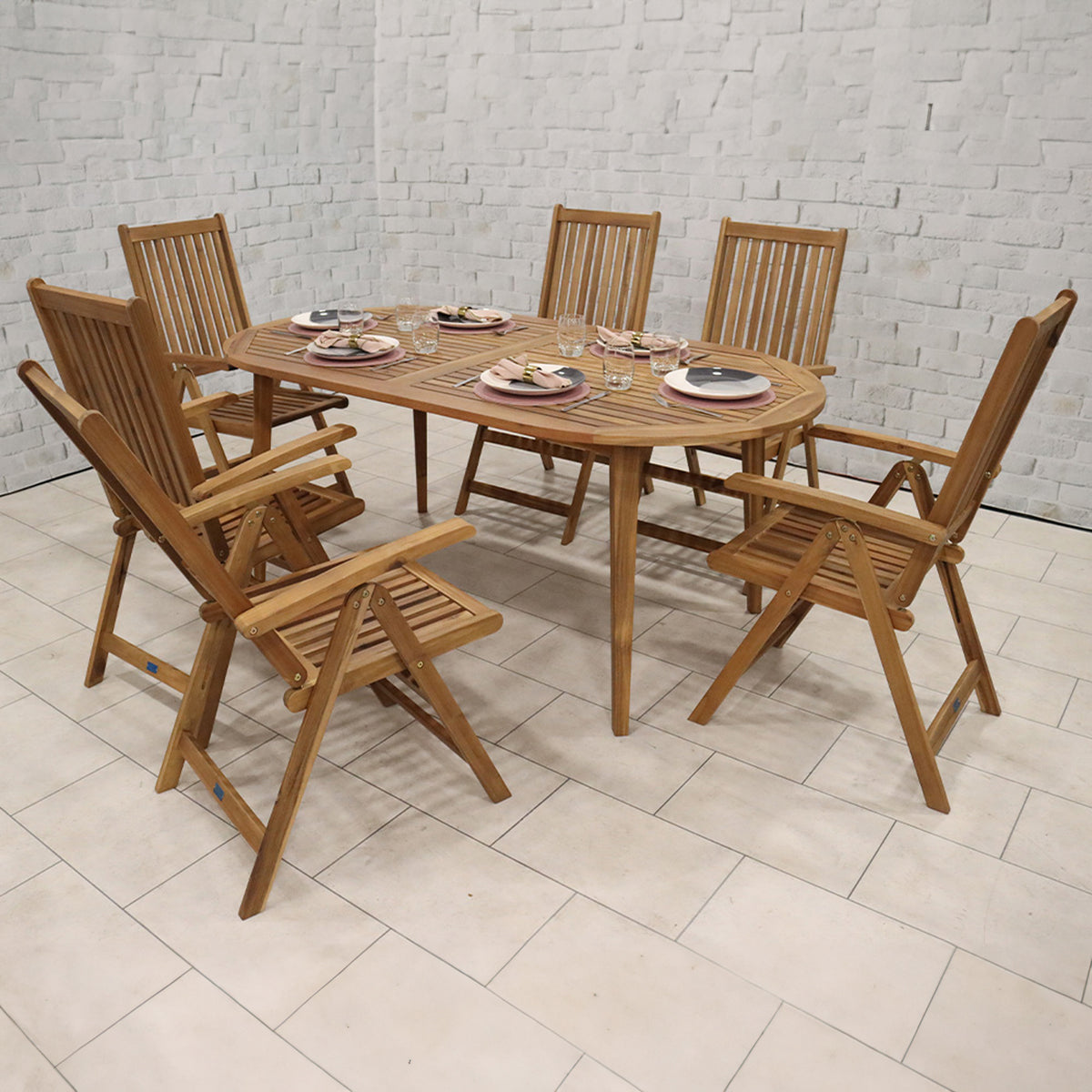 Ellipse FSC Table Set with 6 Manhattan Recliner Chairs from Roseland Furniture