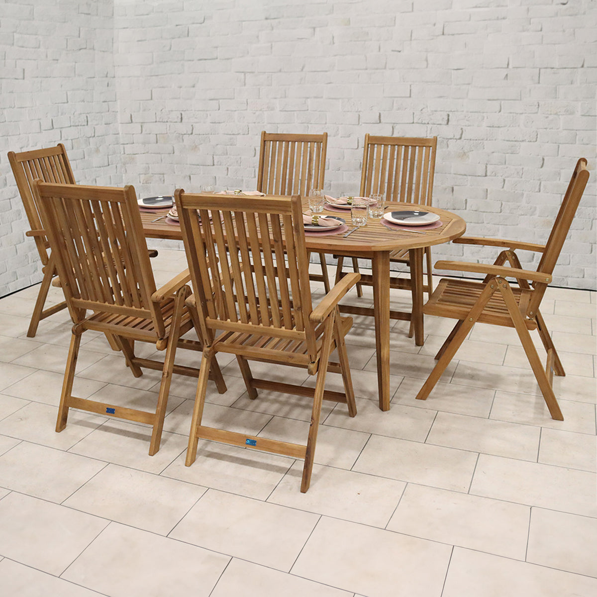 Ellipse FSC Table Set with 6 Manhattan Recliner Chairs from Roseland Furniture