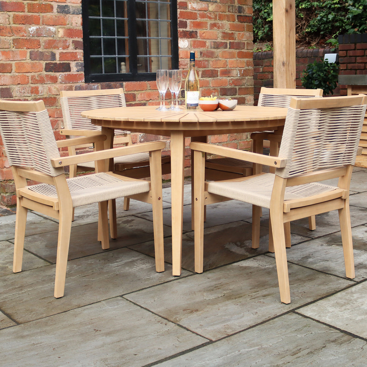 Roma FSC 120cm Table with 4 Stacking Rope Chairs from Roseland Furniture