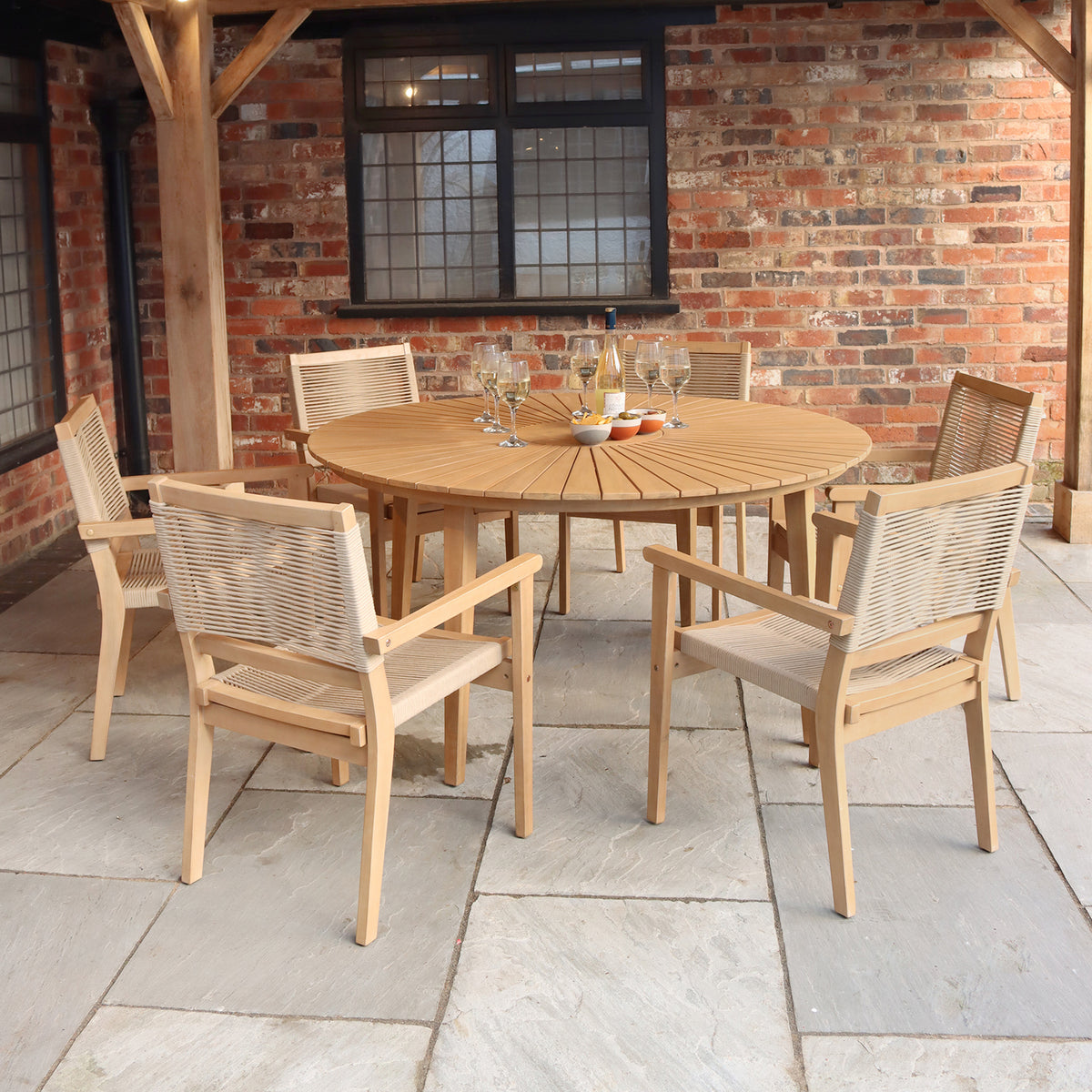 Roma FSC 150cm Table 6 Stacking Rope Chairs from Roseland Furniture
