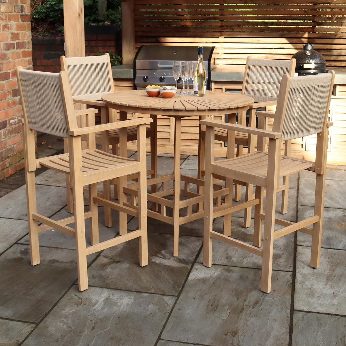 Roma FSC Bar 100cm High Table and 4 Rope Bar Stools from Roseland Furniture