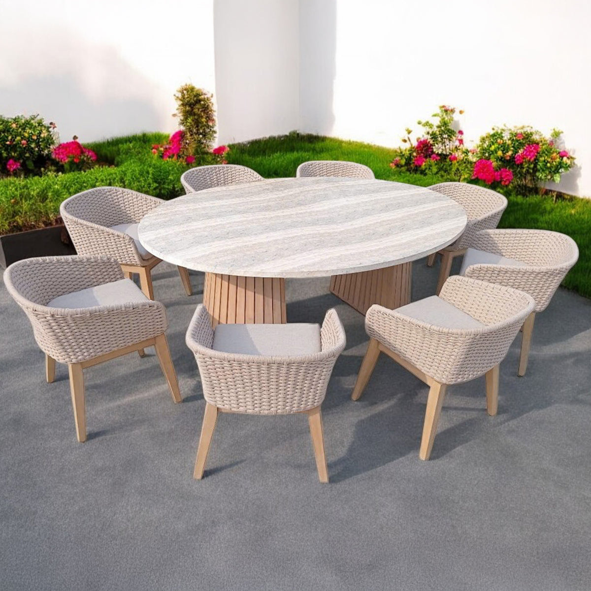 FSC 1 Jupiter 200x145cm Round Table w 8 Eden Dawn Dining Chairs from Roseland Furniture