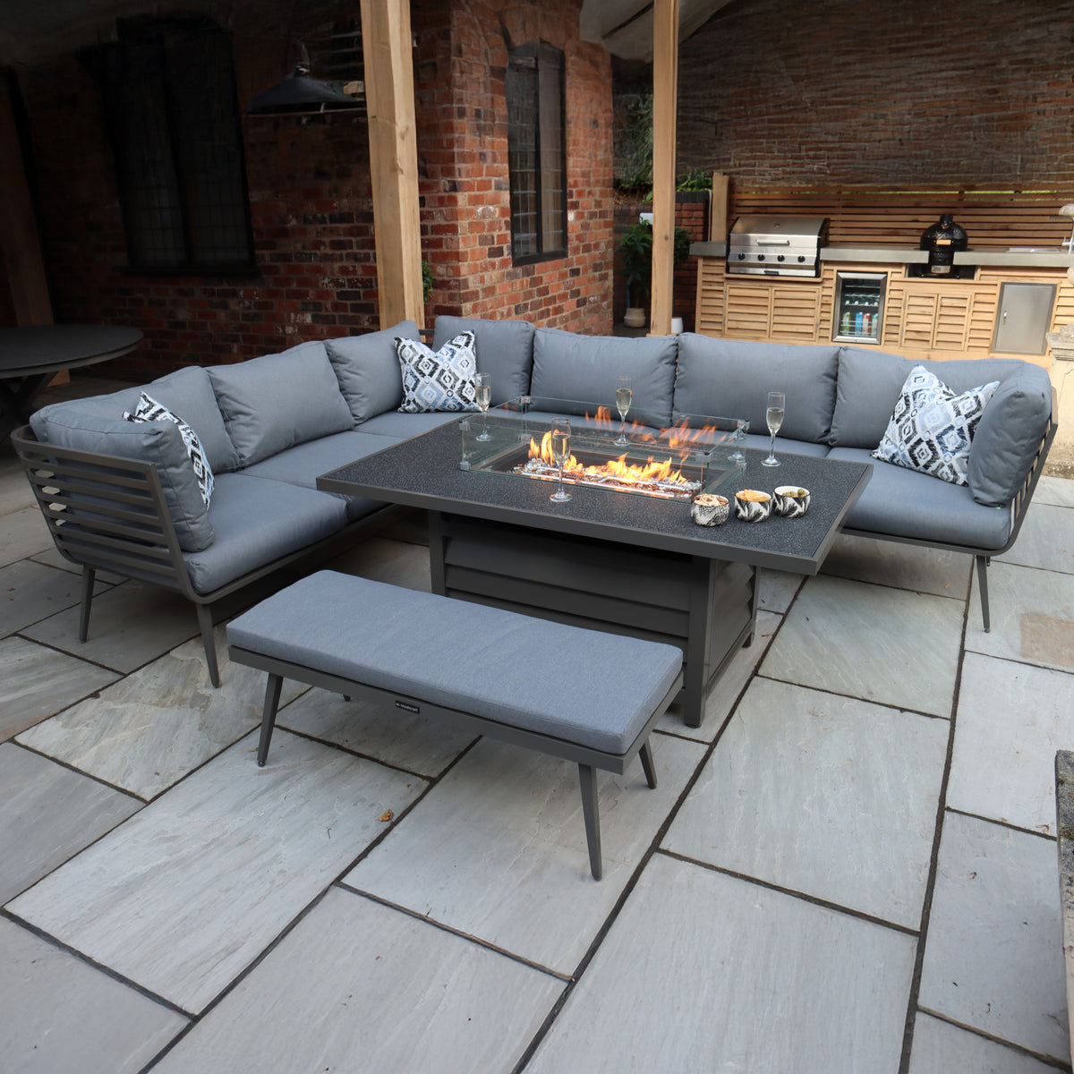 Mayfair 150cm Outdoor Corner Fire Pit Table Garden Lounge Set Grey from Roseland Furniture