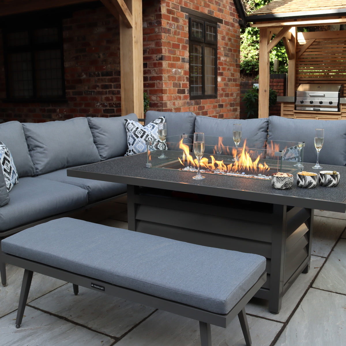 Mayfair 150cm Outdoor Corner Fire Pit Table Garden Lounge Set Grey from Roseland Furniture