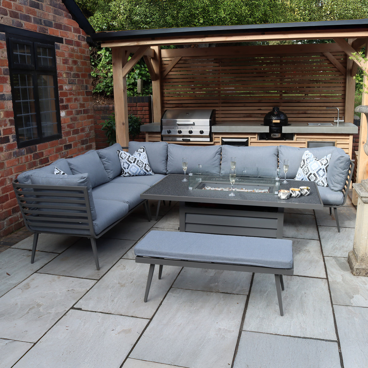Mayfair 150cm Outdoor Corner Fire Pit Table Garden Lounge Set Grey from Roseland Furniture