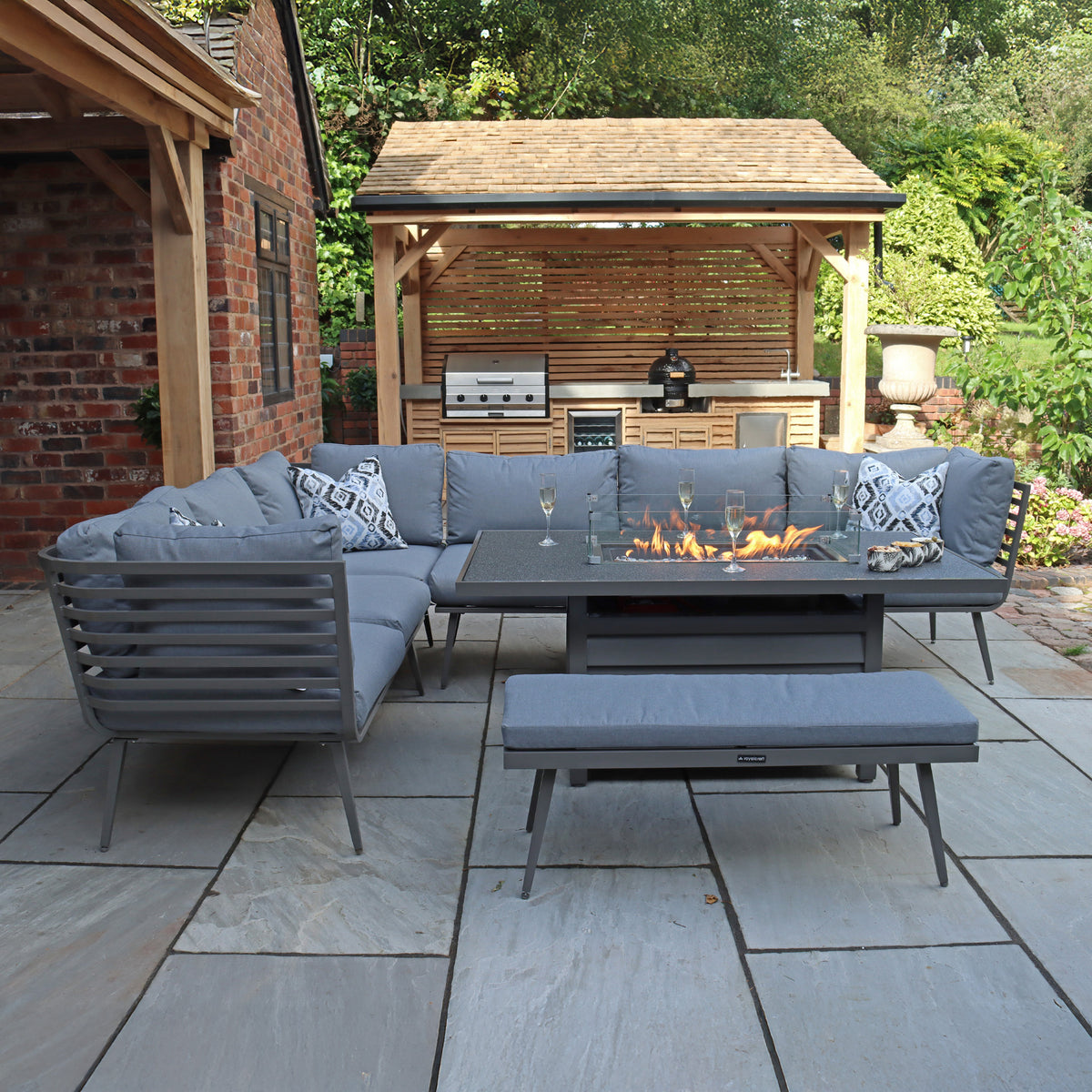 Mayfair 150cm Outdoor Corner Fire Pit Table Garden Lounge Set Grey from Roseland Furniture