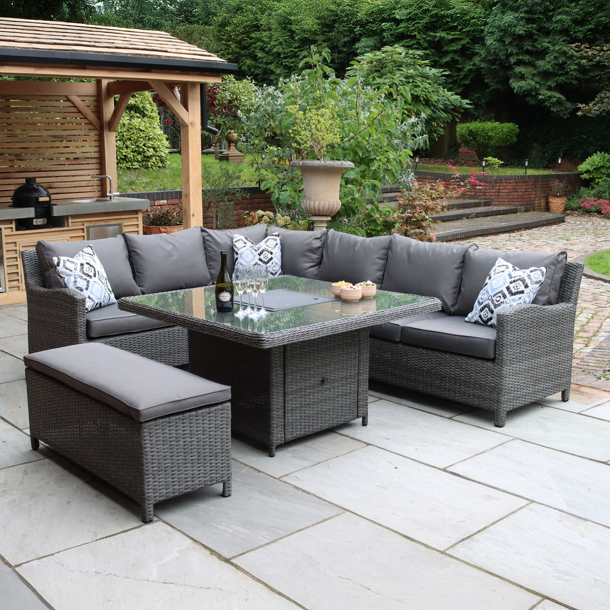 Paris 120cm Fire Pit Dine or Lounge Rattan Set With Bench from Roseland Furniture