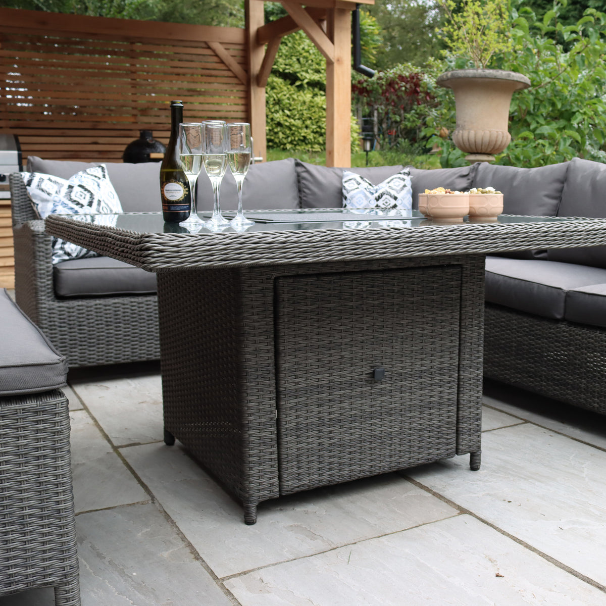 Paris 120cm Fire Pit Dine or Lounge Rattan Set With Bench from Roseland Furniture
