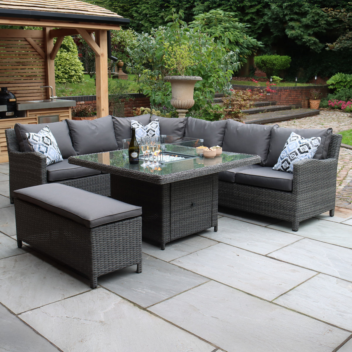 Paris 120cm Fire Pit Dine or Lounge Rattan Set With Bench from Roseland Furniture
