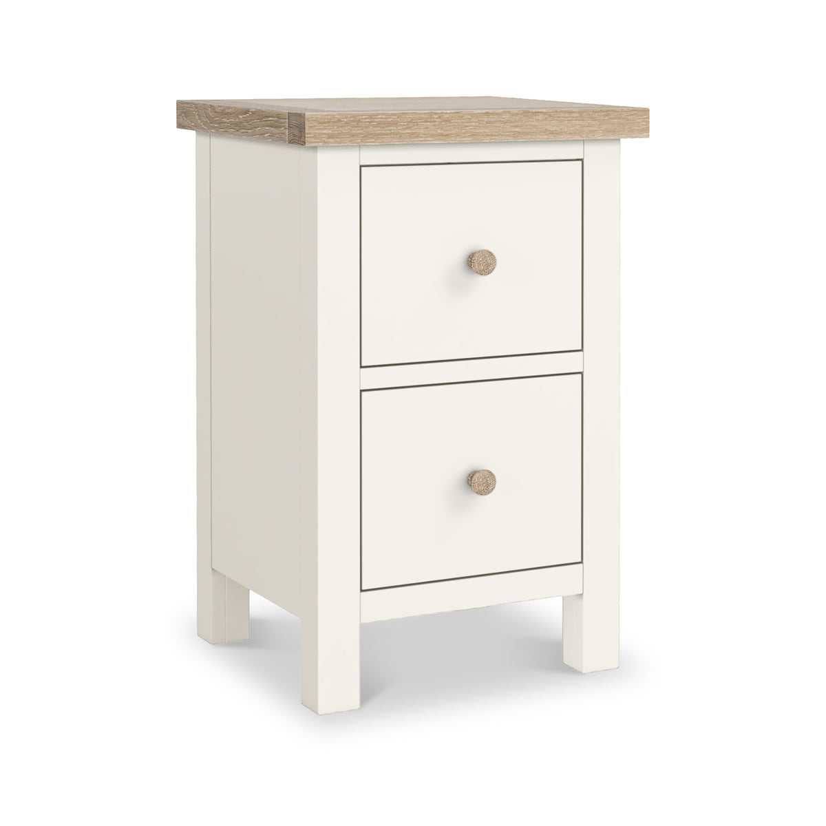 Farrow Coconut White Slim Bedside Table with Washed Oak Top and wooden handles from Roseland Furniture