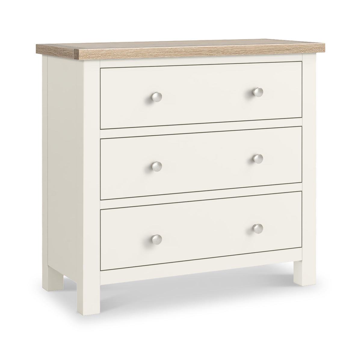 Farrow Coconut White 3 Drawer Chest with Washed Oak Top and metal handles from Roseland Furniture