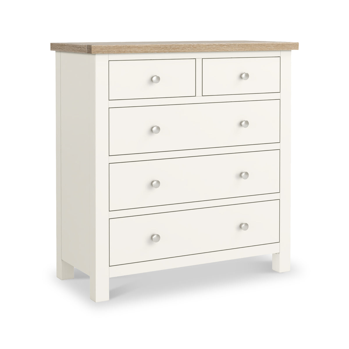 Farrow Coconut White with Washed Oak Top and metal handles 2 Over 3 Chest Of Drawers from Roseland Furniture