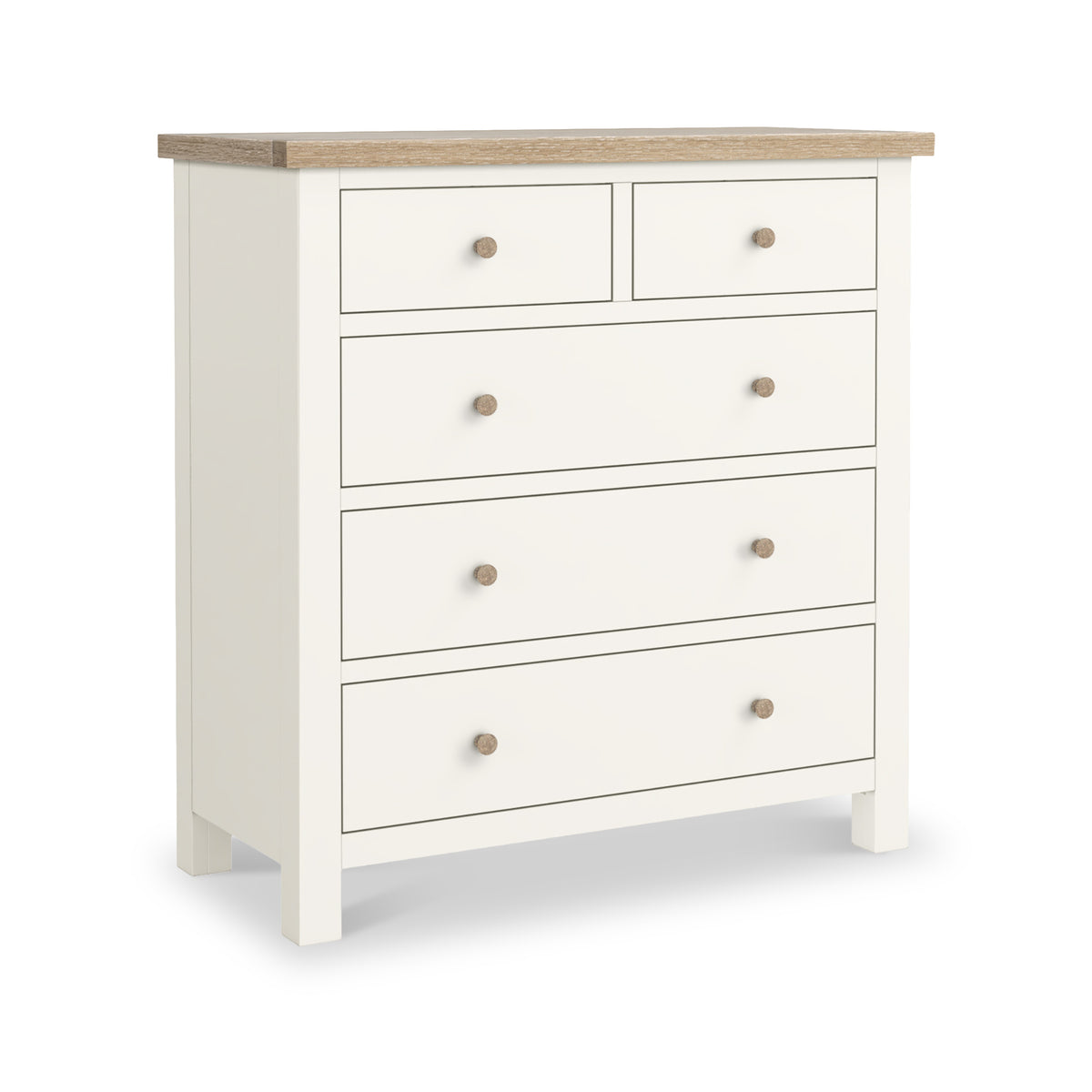 Farrow Coconut White with Washed Oak Top and wooden handles 2 Over 3 Chest Of Drawers from Roseland Furniture