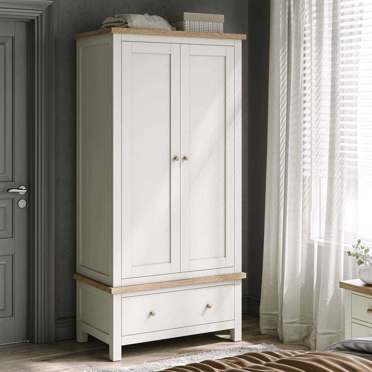 Farrow Coconut White Double Wardrobe with Drawers and wooden handles from Roseland Furniture