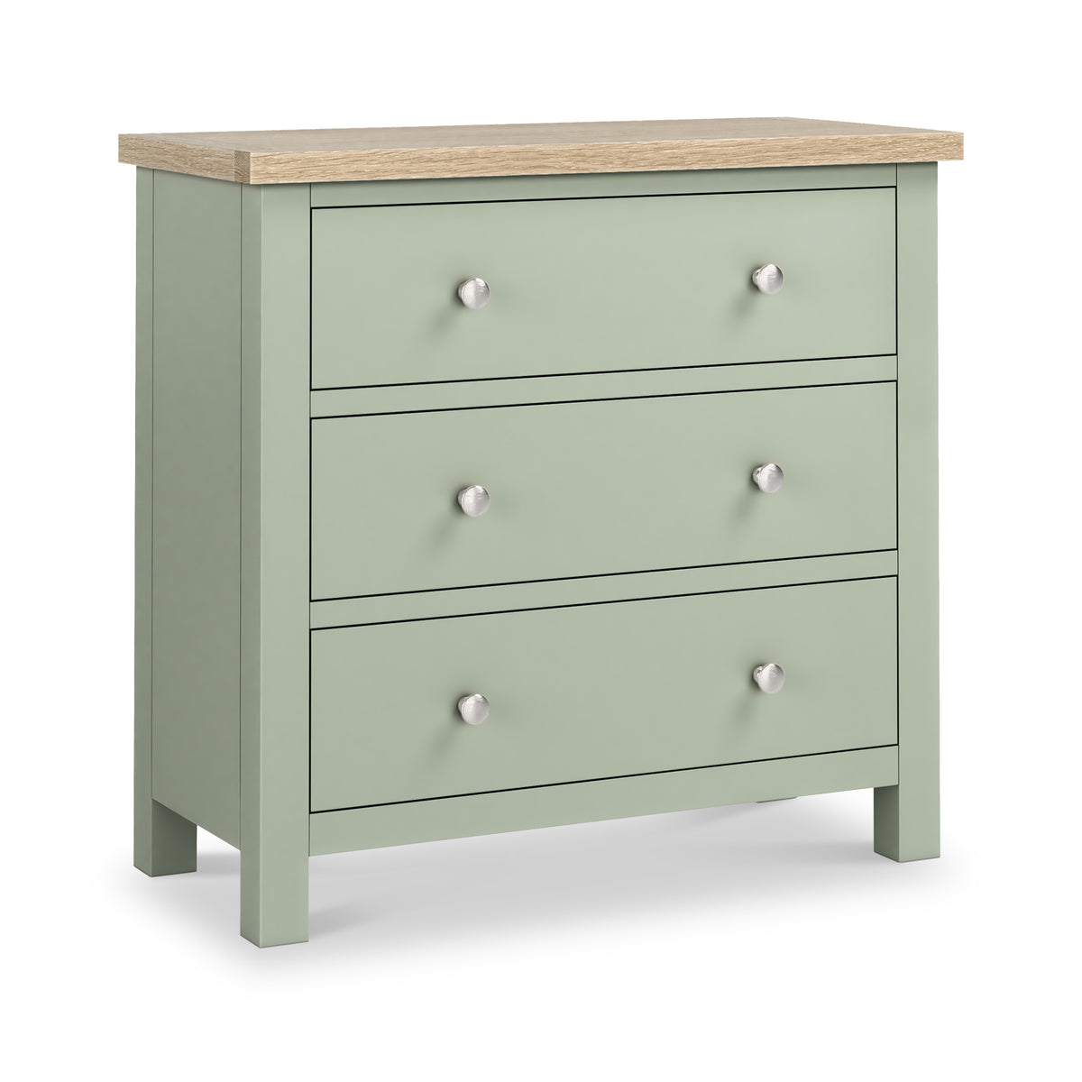Farrow Sage 3 Drawer Chest with Washed Oak Top and metal handles from Roseland Furniture