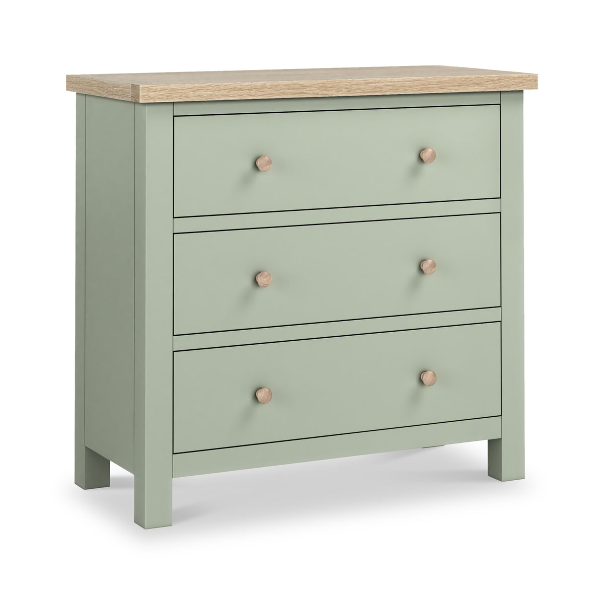 Farrow Sage 3 Drawer Chest with Washed Oak Top and wooden handles from Roseland Furniture