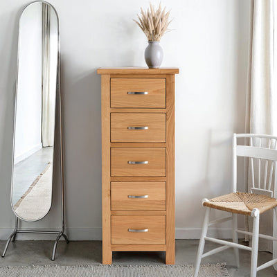 London Oak 5 Drawer Tallboy Chest
