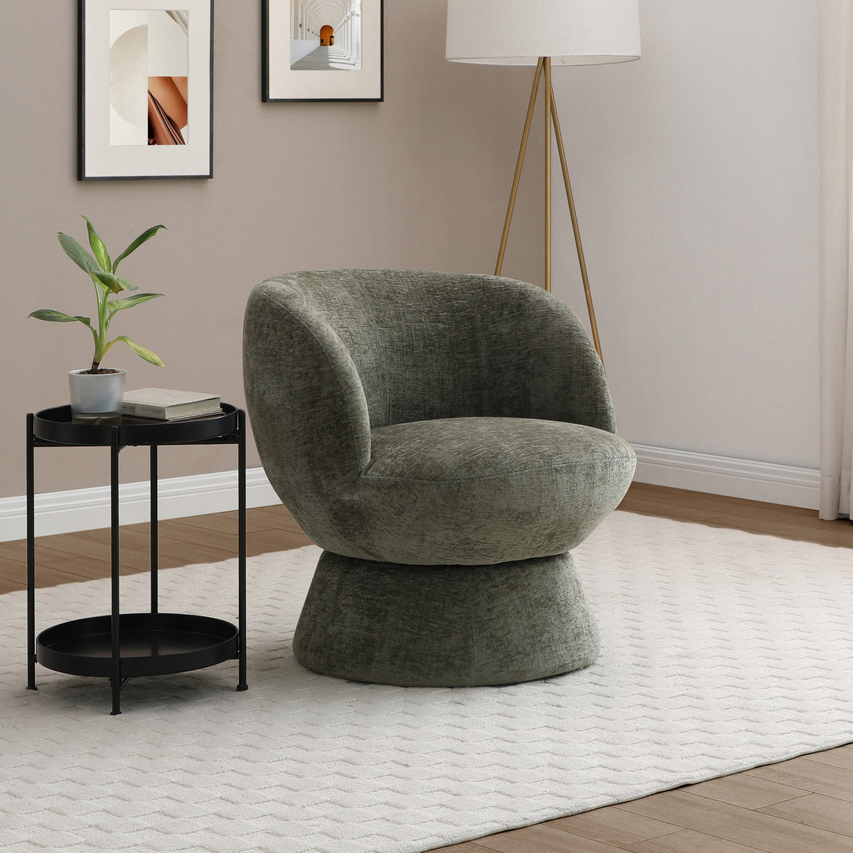 Kendal Woven Chenille Tulip Swivel Chair Olive from Roseland Furniture