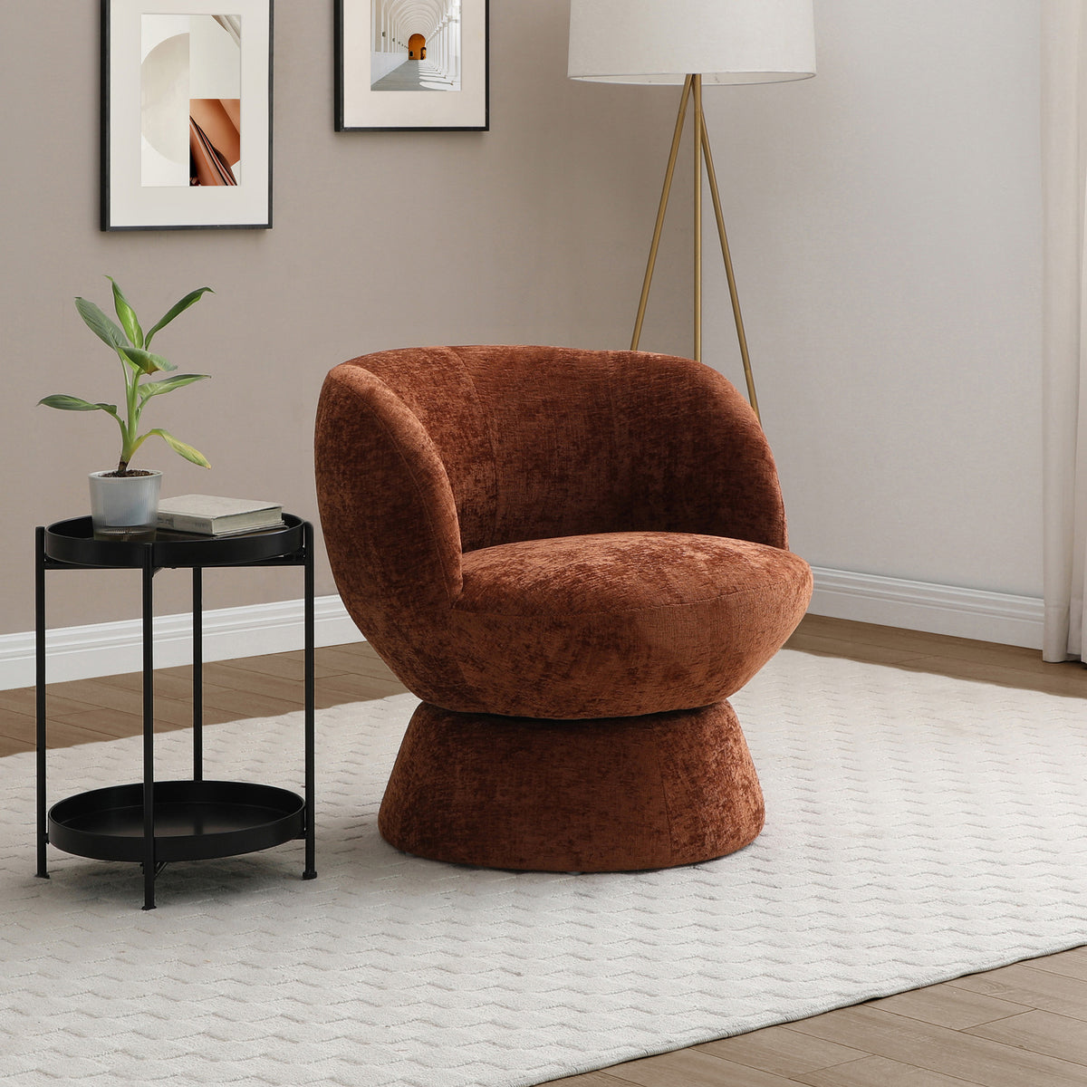 Kendal Woven Chenille Tulip Swivel Chair Terracotta from Roseland Furniture