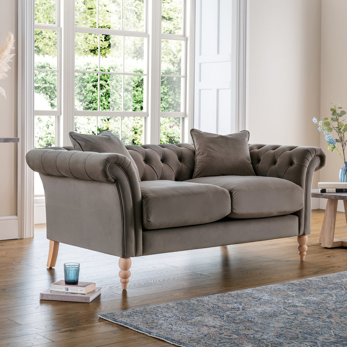 Balmoral Mushroom Velvet Chesterfield 2 Seater Sofa for living room
