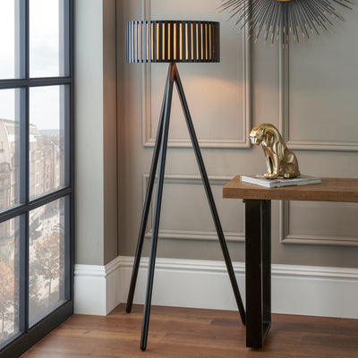 Rabanne Slatted Black Wood Tripod Floor Lamp