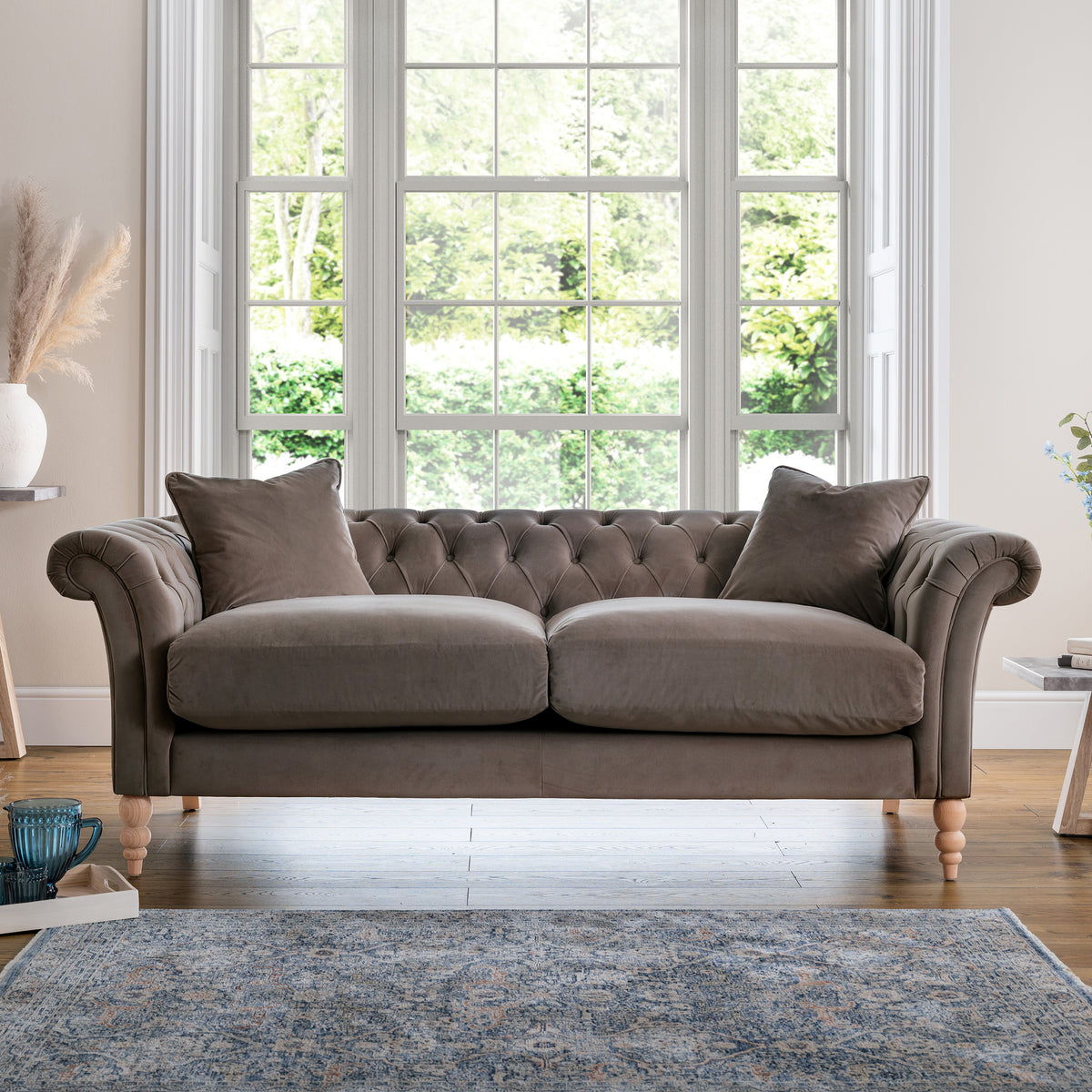 Balmoral Mushroom Velvet Chesterfield 3 Seater Couch for living room