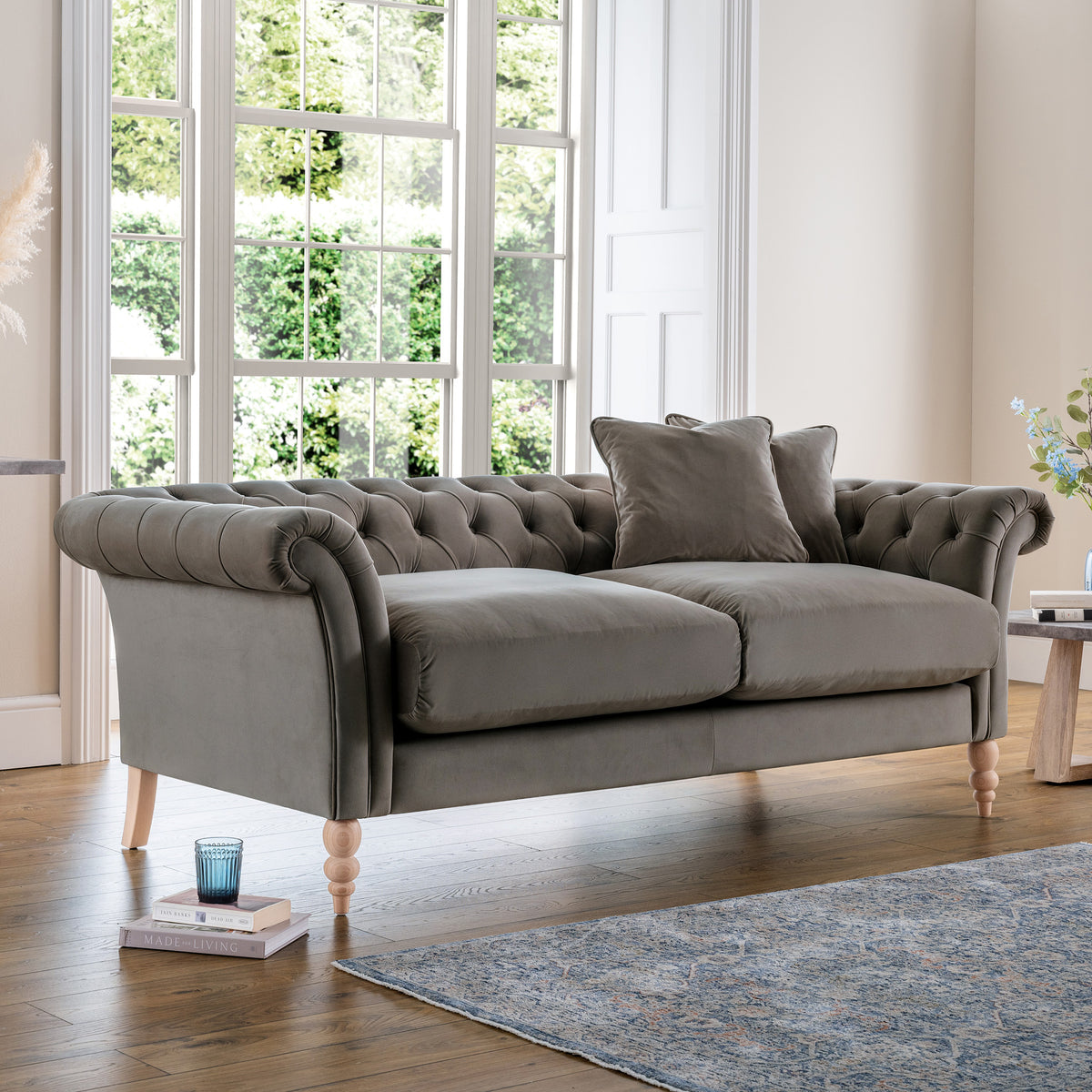 Balmoral Mushroom Velvet Chesterfield 3 Seater Sofa for living room