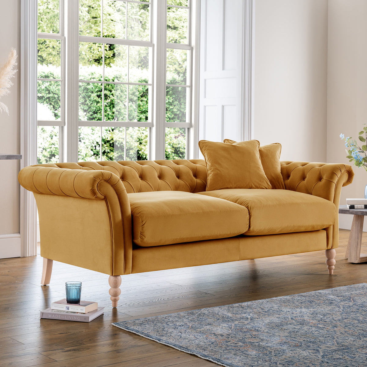 Balmoral Ochre Velvet Chesterfield 3 Seater Sofa for living room
