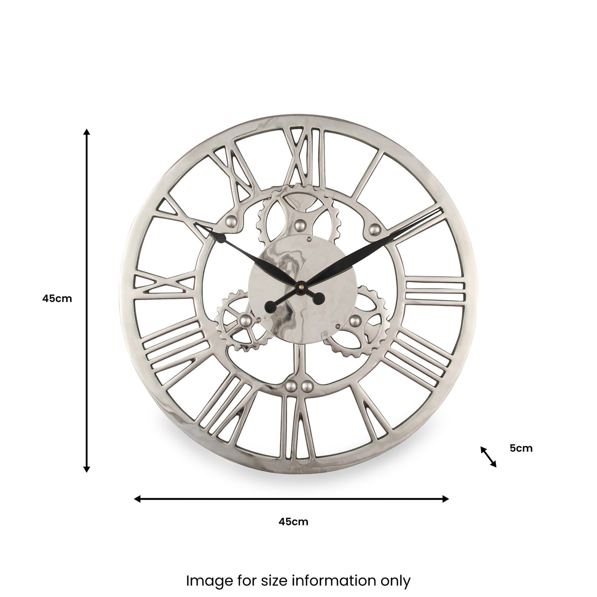 Shiny Nickel Cog Design Round Wall Clock Small from Roseland Furniture