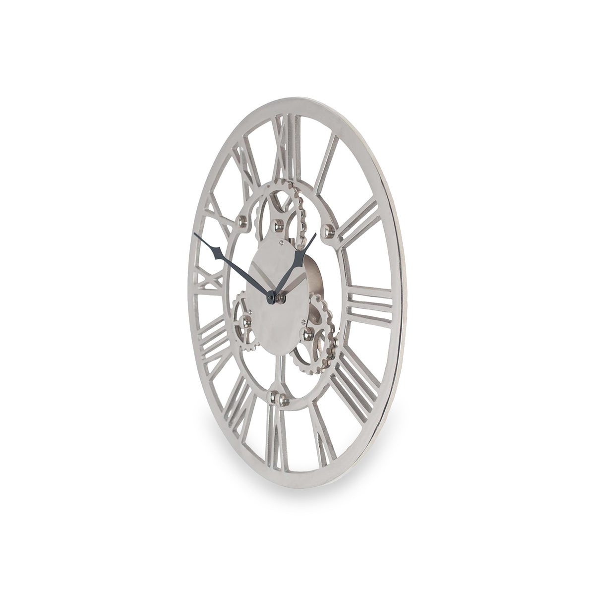 Shiny Nickel Cog Design Round Wall Clock Small from Roseland Furniture