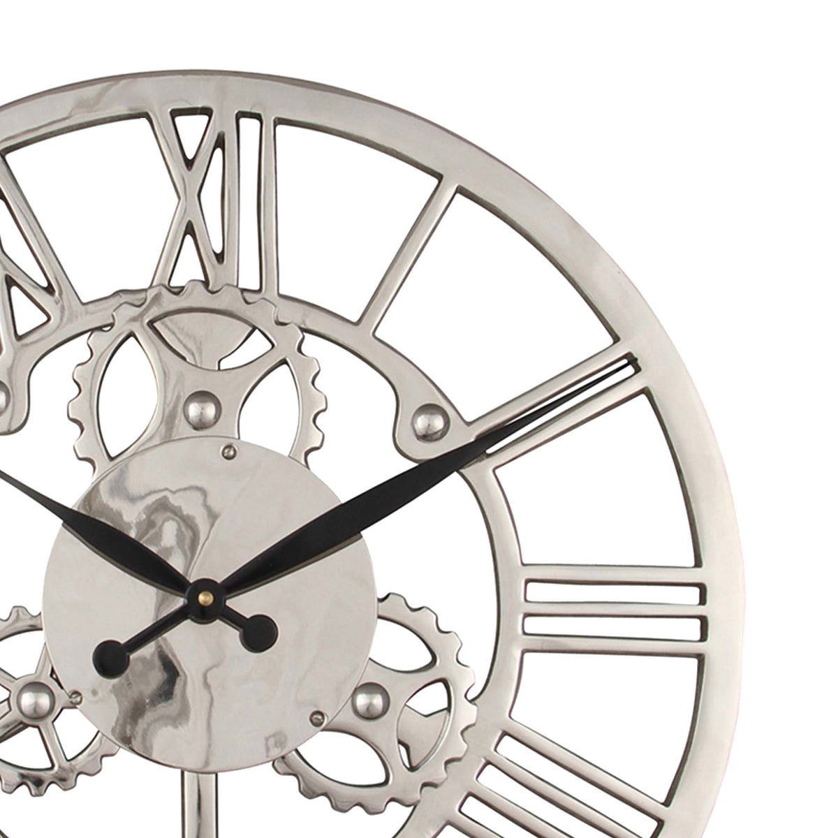 Shiny Nickel Cog Design Round Wall Clock Small from Roseland Furniture