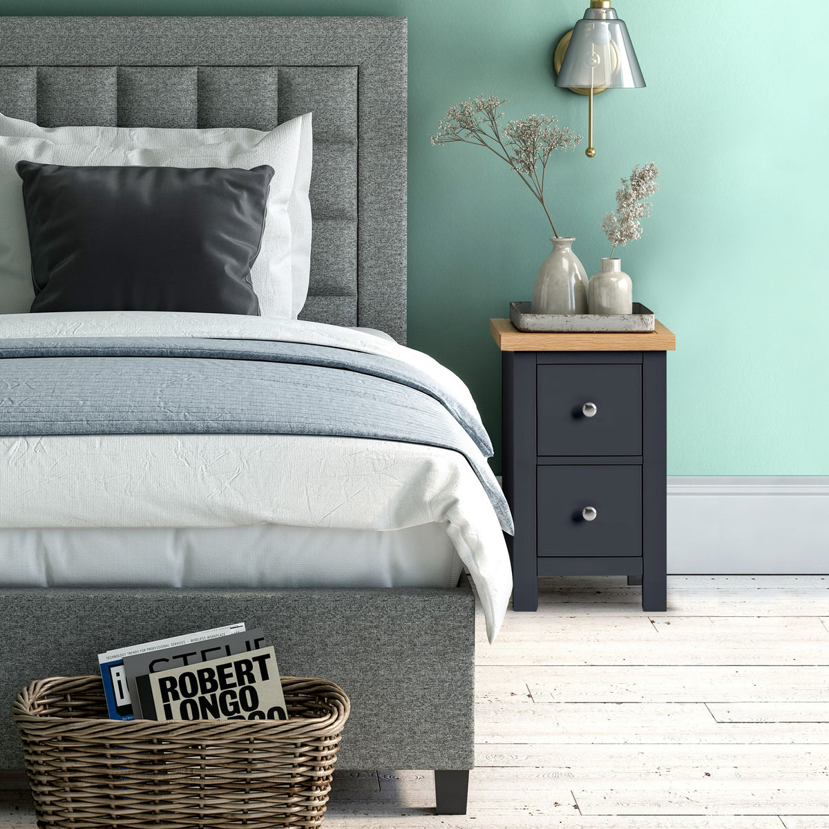 Farrow Charcoal Slim Bedside Table for bedroom