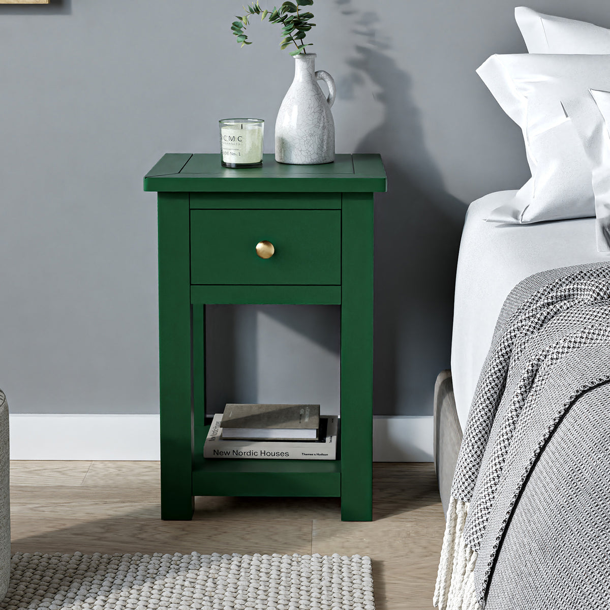 Duchy Puck Green 1 Drawer Bedside Table for bedroom