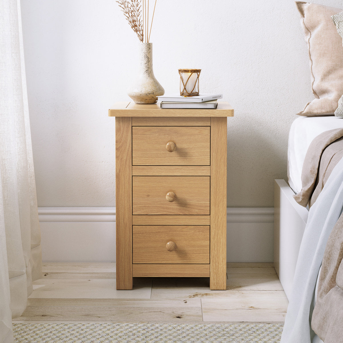 Duchy Oak 3 Drawer Bedside Table for bedroom