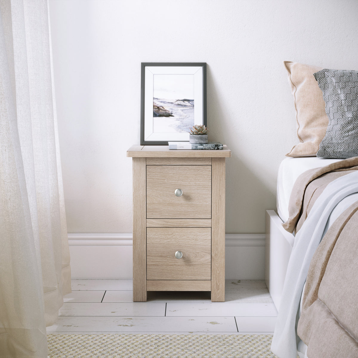 Duchy Washed Oak 2 Drawer Slim Bedside Table for bedroom