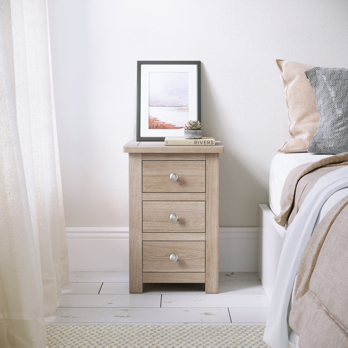 Duchy Washed Oak 3 Drawer Bedside Table for bedroom