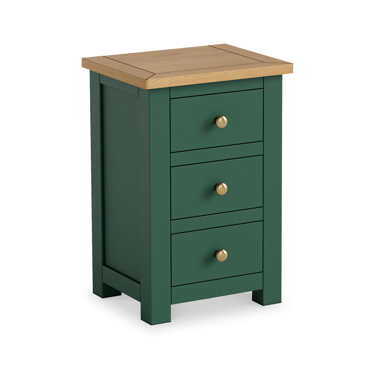 Duchy Puck Green 3 Drawer Bedside Table with Oak Top from Roseland Furniture