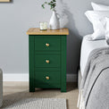 Duchy Puck Green 3 Drawer Bedside Table with Oak Top for bedroom