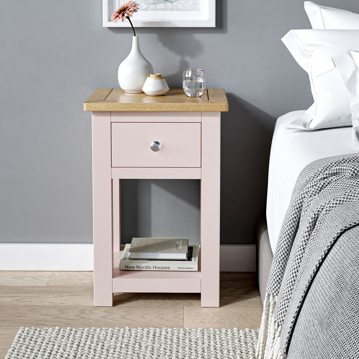 Duchy Dorchester Pink 1 Drawer Bedside Table with Oak Top for bedroom