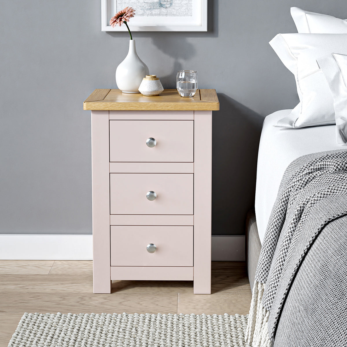 Duchy Dorchester Pink 3 Drawer Bedside Table with Oak Top for bedroom