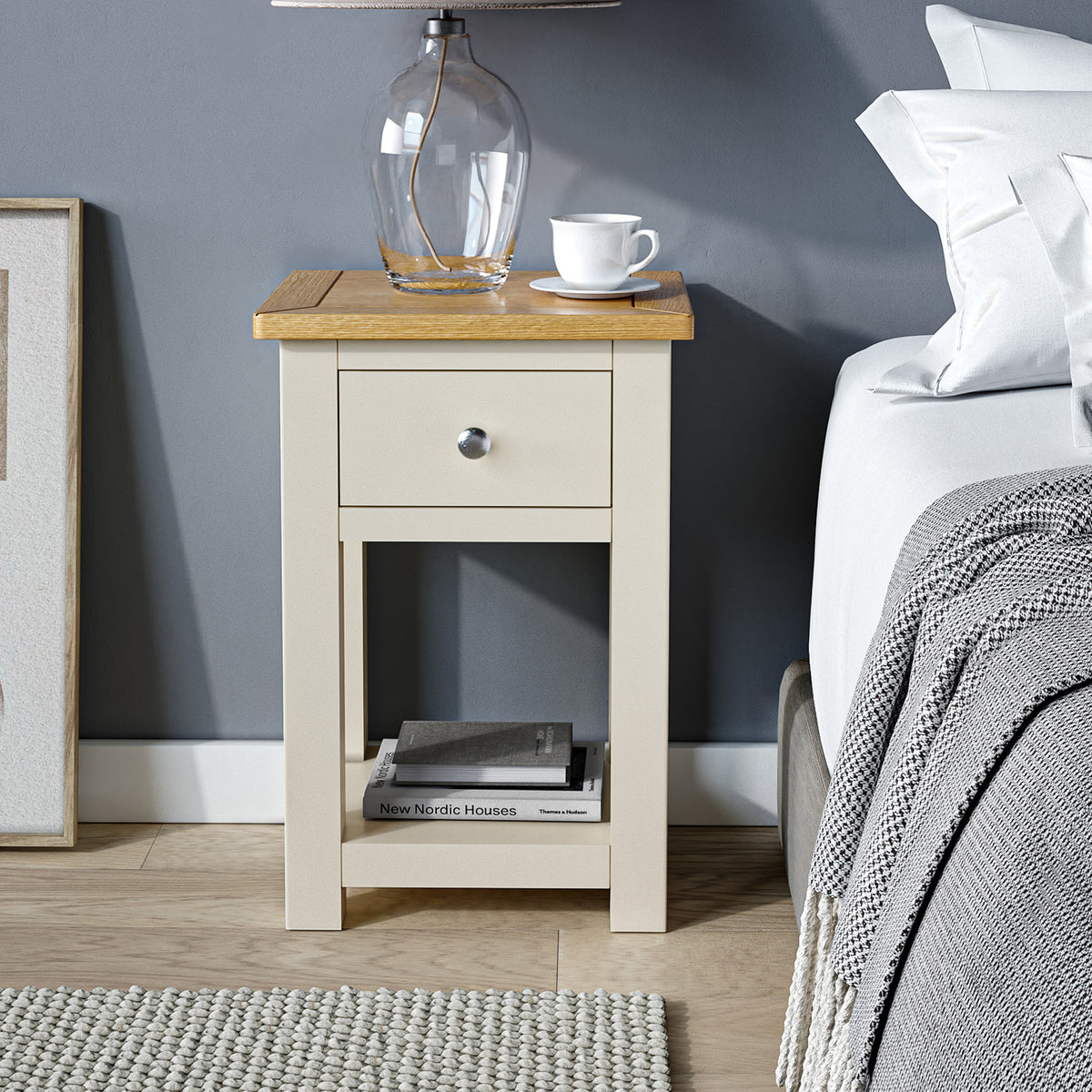 Duchy Linen Cream 1 Drawer Bedside Table with Oak Top for bedroom